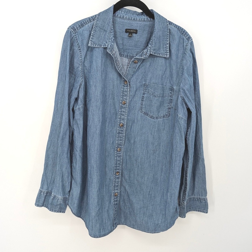 Talbots Chambray Buttonβ Down Top Women Large Blue Long Sleeve Cotton Classic